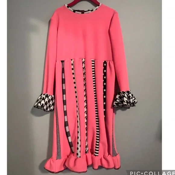 Hot Pink, Black, & White Mixed Pattern Little Girls Scrappy Dress - Picture 5 of 5